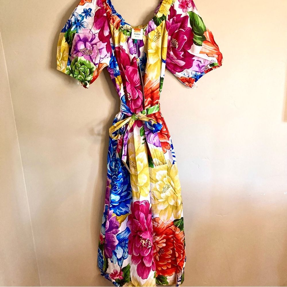 NEW FARM Rio Rainbow Chita Off Shoulder Maxi Dress Puff Sleeve Pink Floral L/XL - Picture 6 of 16